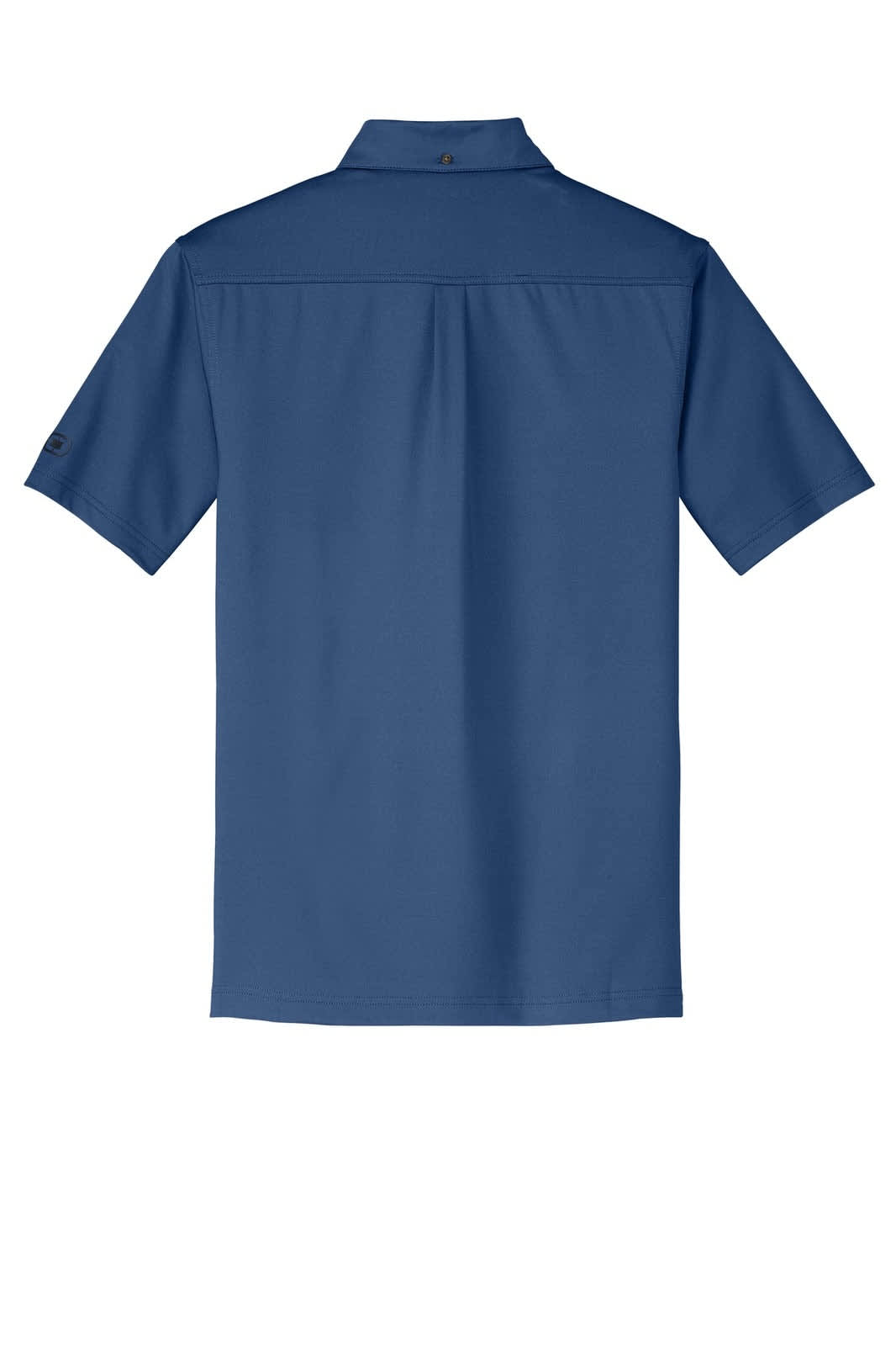 A blue polo shirt with a collar and short sleeves, featuring a logo on one sleeve.