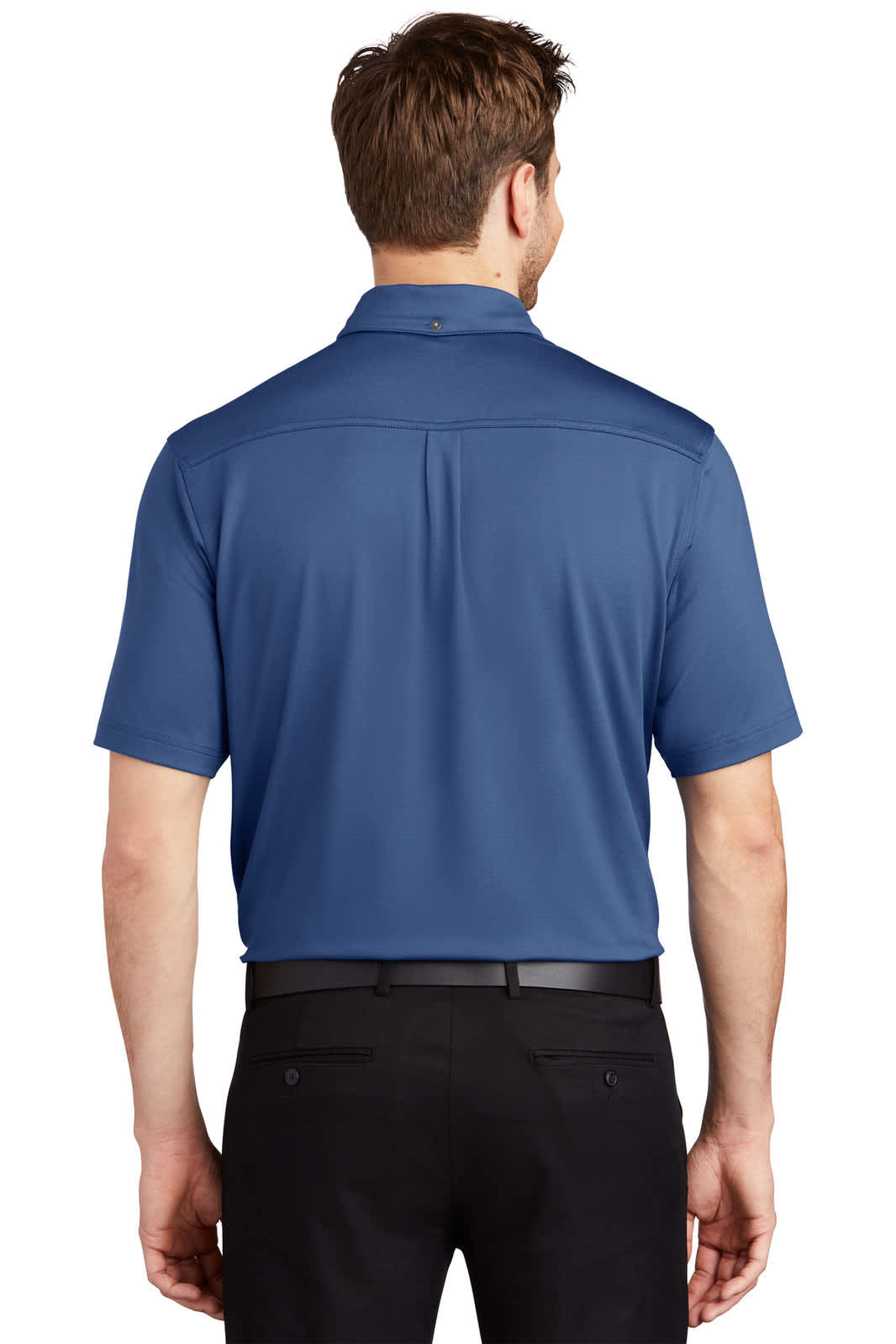 A blue OGIO Gauge Polo shirt viewed from the back, featuring a logo on the upper back.