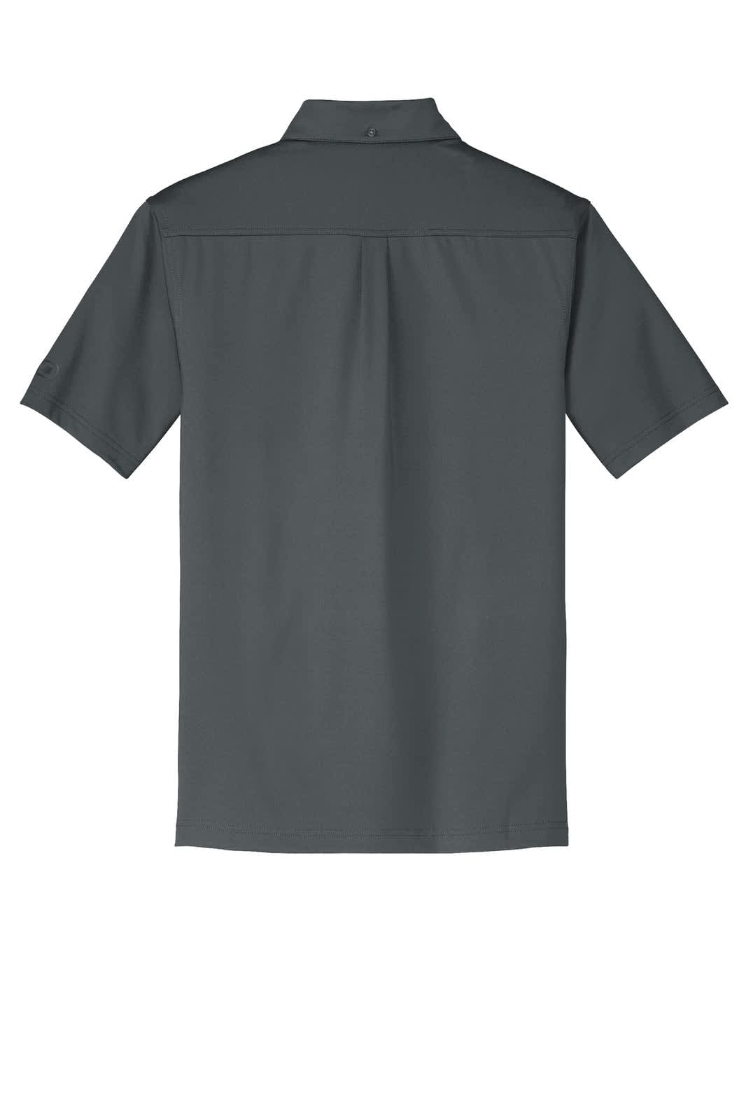 A grey polo shirt featuring a collar and short sleeves, with a logo on the sleeve.