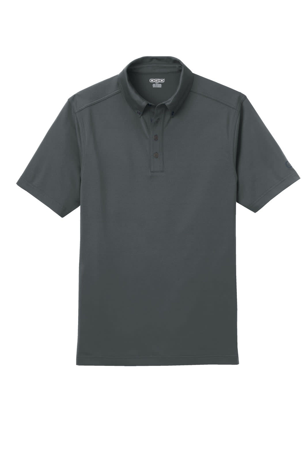 A dark grey OGIO Gauge Polo shirt with a collar and three-button placket, featuring a brand logo.