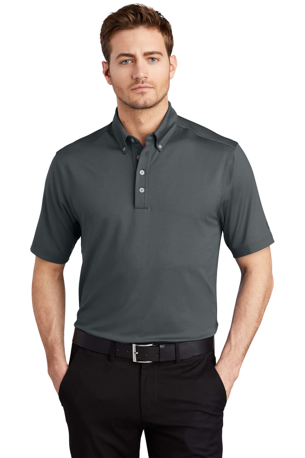 A grey OGIO Gauge Polo shirt with a collar and short sleeves, featuring a logo on the chest.
