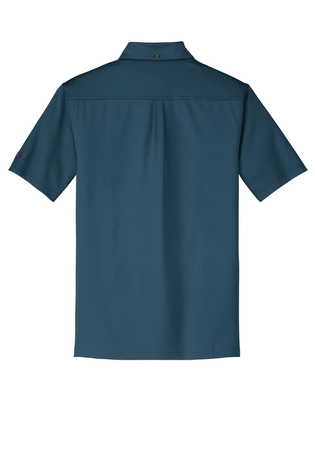 A back view of a blue OGIO Gauge Polo shirt featuring a collar and short sleeves. The shirt has a logo.