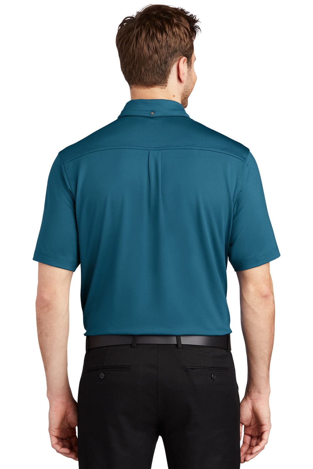 A teal OGIO Gauge Polo shirt viewed from the back, featuring a collar and short sleeves. It includes a logo.