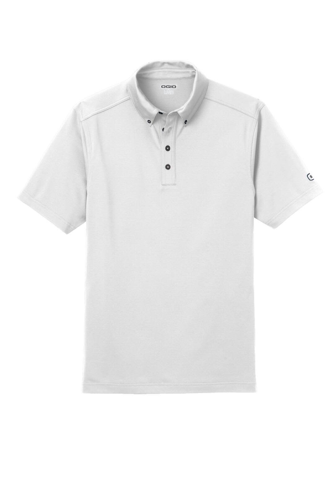 A light grey polo shirt with a buttoned placket and a logo on the sleeve.