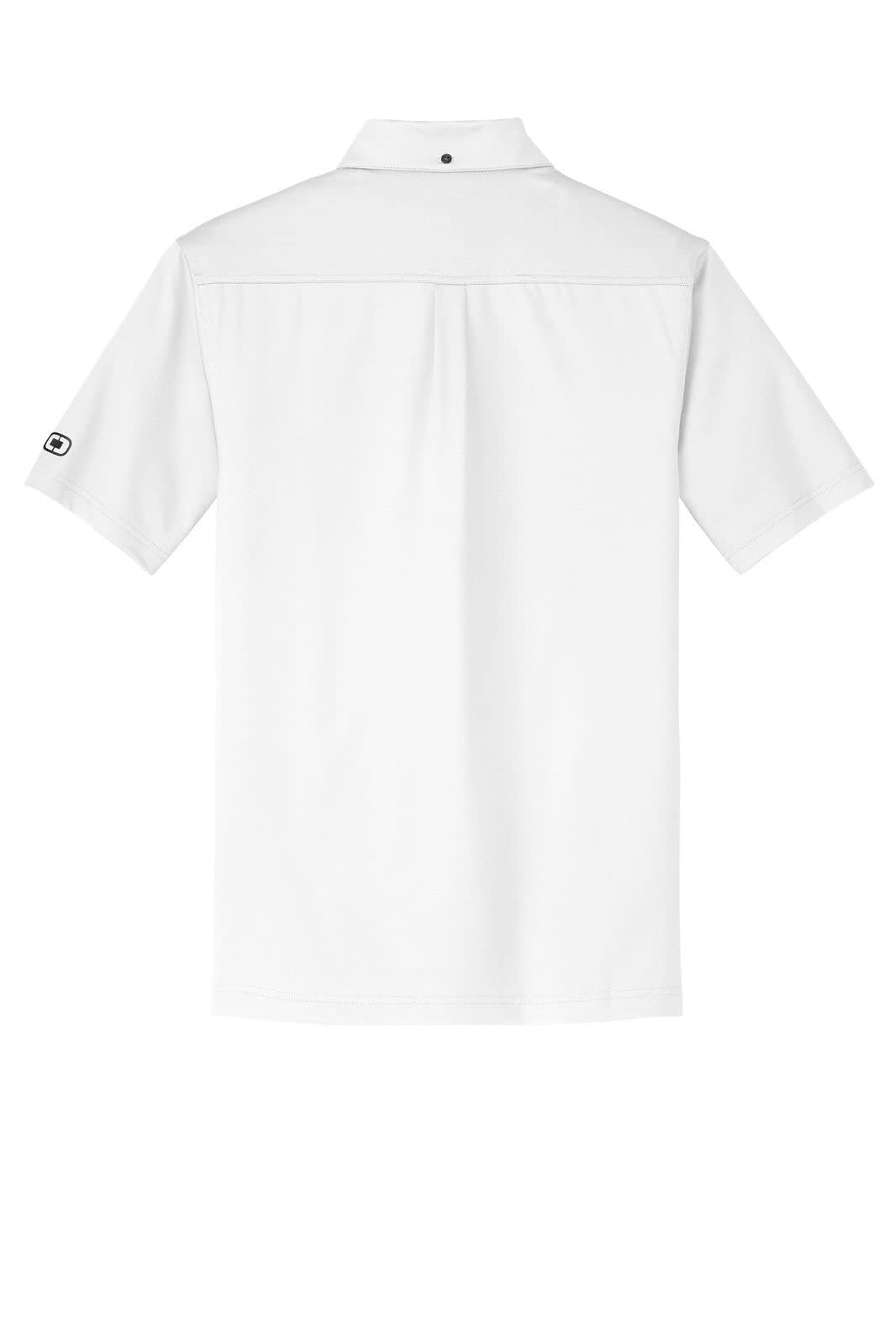 A white OGIO Gauge Polo shirt displayed from the back, featuring a logo on the sleeve.