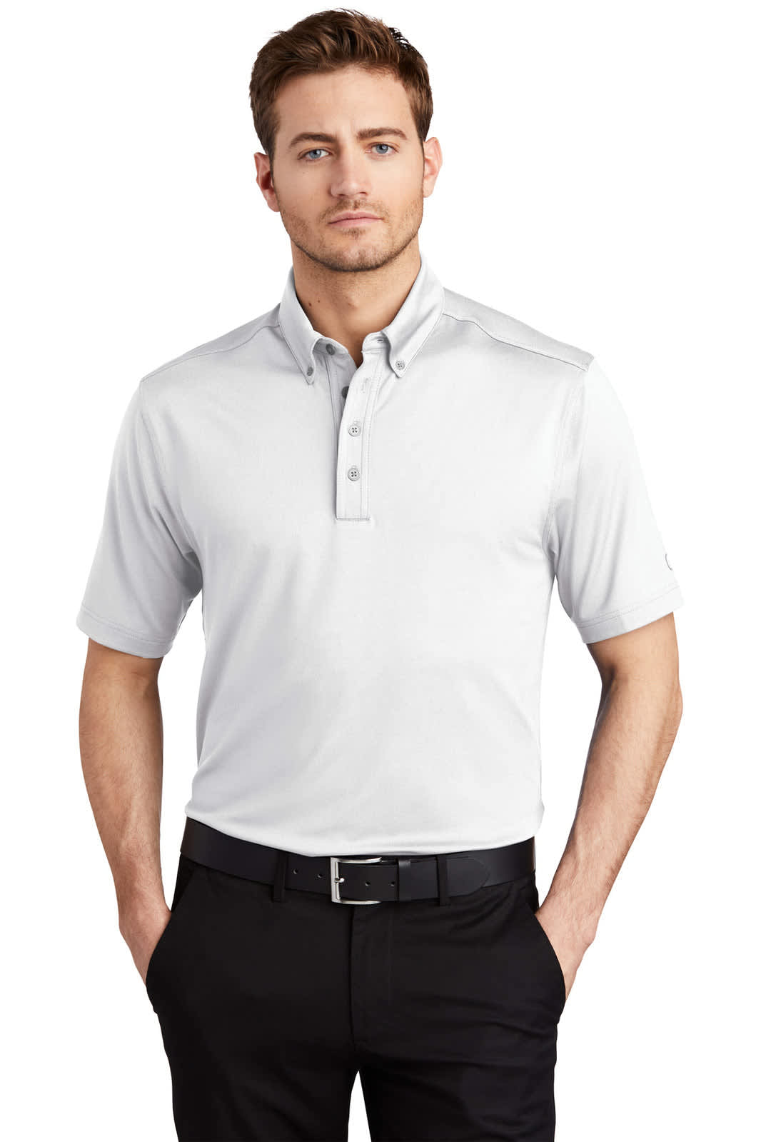 A light grey OGIO Gauge Polo shirt with a collar and short sleeves, featuring a logo on the chest.