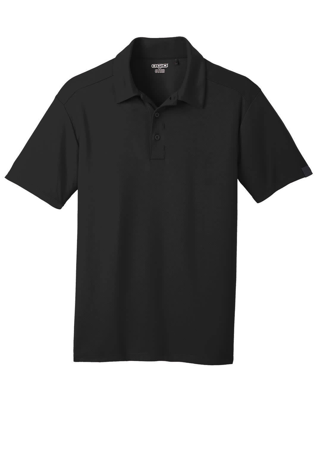 A black OGIO Framework Polo shirt featuring a collared neckline and a pocket, with a brand logo visible.