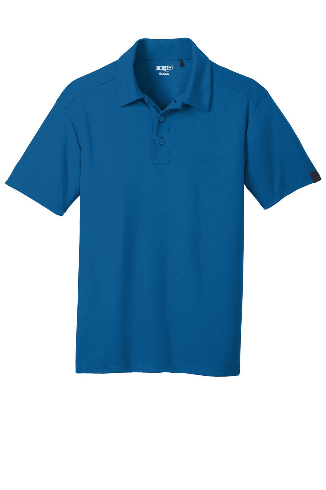 A blue OGIO Framework polo shirt featuring a collar and short sleeves, with a logo on one sleeve.