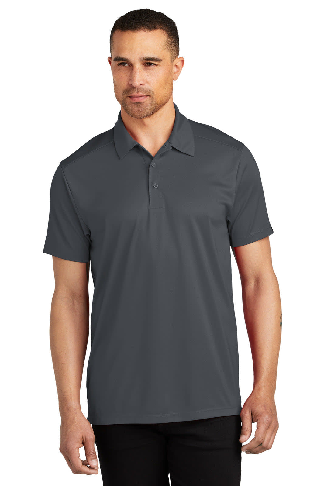 A grey polo shirt with a collar and short sleeves, featuring a logo on the chest.