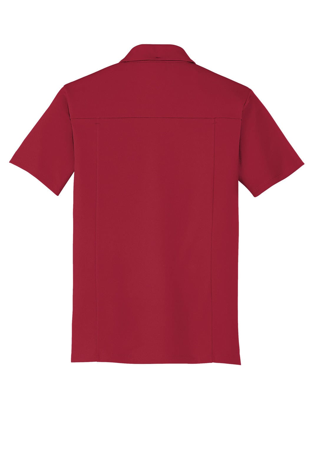 A red short-sleeved polo shirt featuring a logo. The shirt has a simple design with a collar.