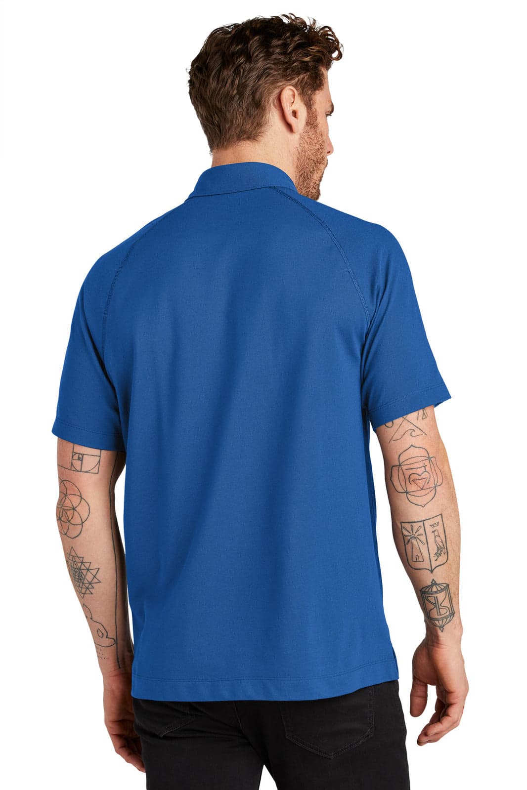 A man wearing a blue OGIO Onyx polo shirt, seen from the back, with short sleeves and a collar.