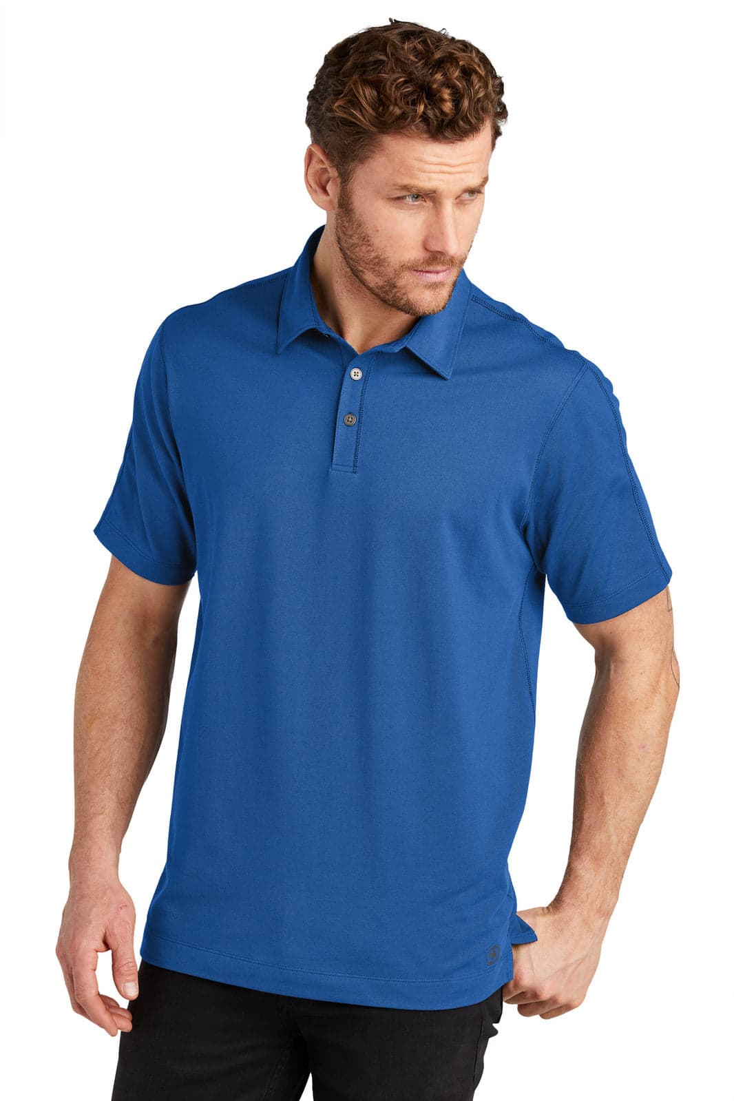 A blue polo shirt with a collared neckline and short sleeves, featuring a logo on the chest.