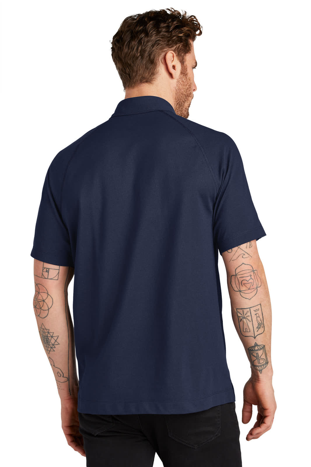 A navy blue polo shirt with short sleeves and a collar, featuring a logo. The back view shows a fitted design.