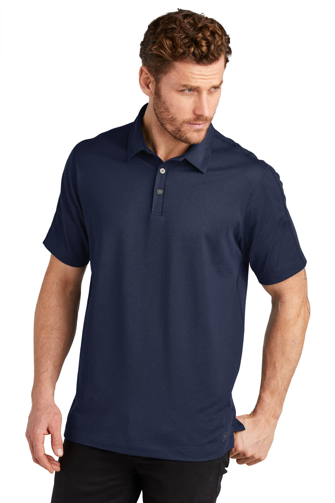 A navy blue OGIO Onyx Polo shirt with short sleeves and a three-button placket. It features a logo on the chest.