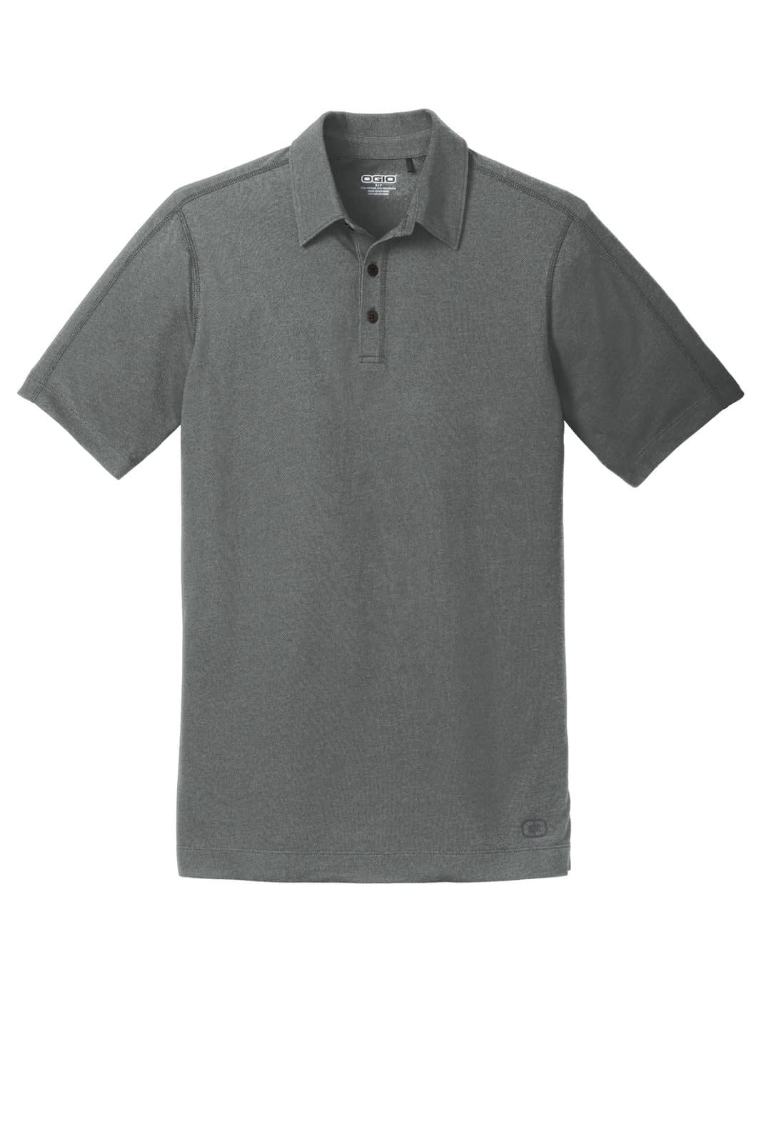 A dark grey polo shirt with a collar, short sleeves, and a logo at the bottom. Features button placket.