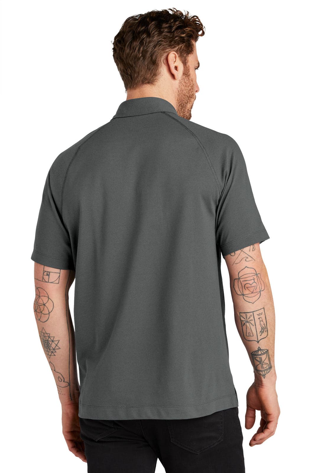 A grey polo shirt with a collar and short sleeves, featuring a logo on the back.