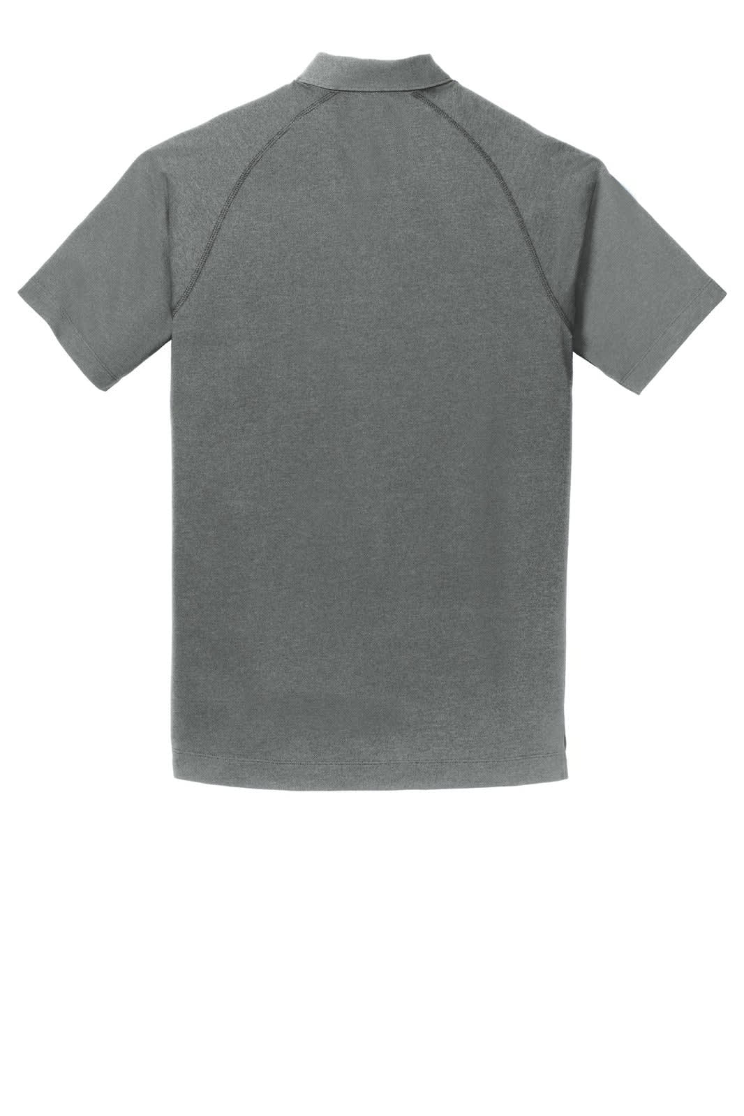 A grey polo shirt with a collar and short sleeves, featuring a logo on the back.