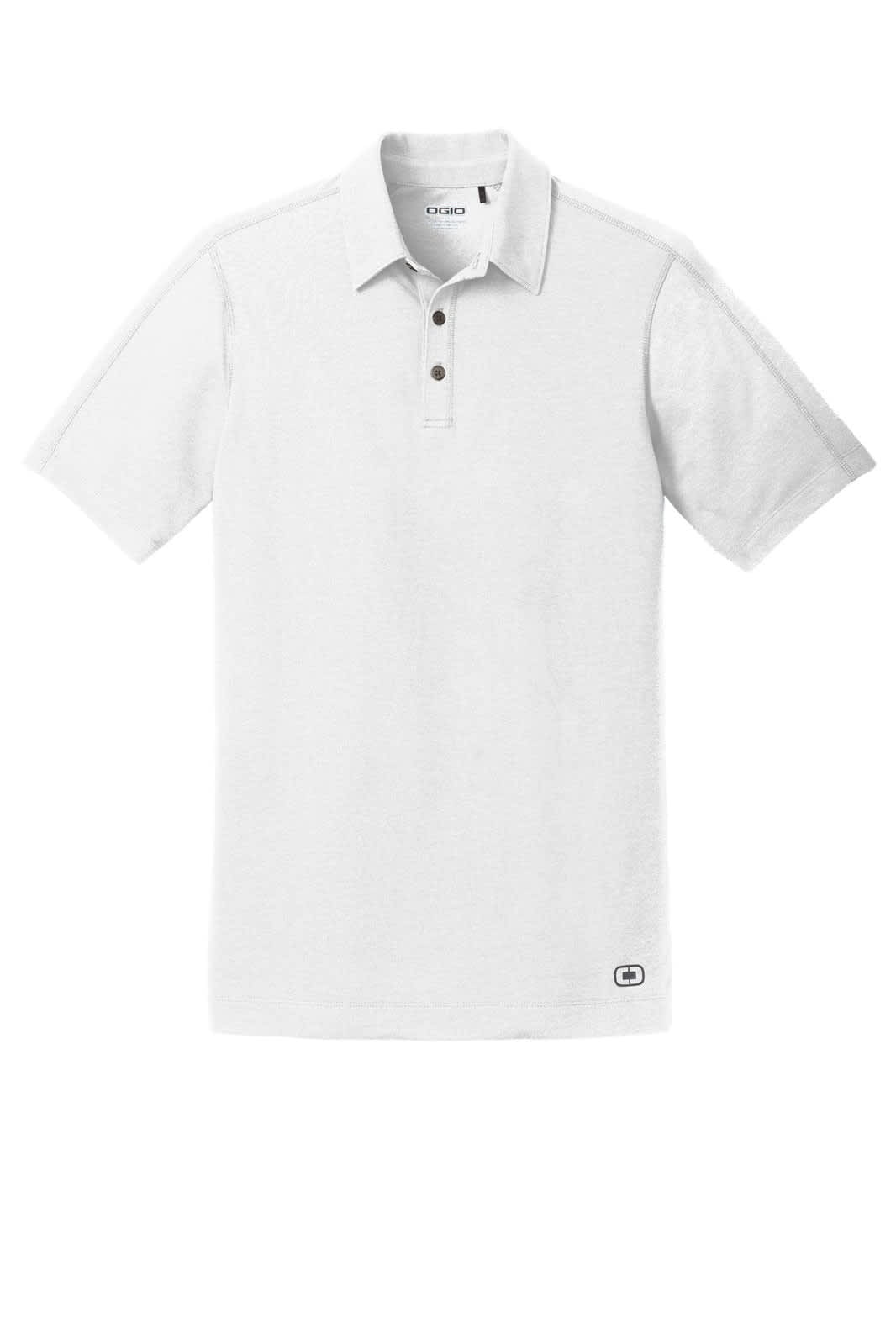 A white polo shirt featuring a three-button placket and a logo on the hem.