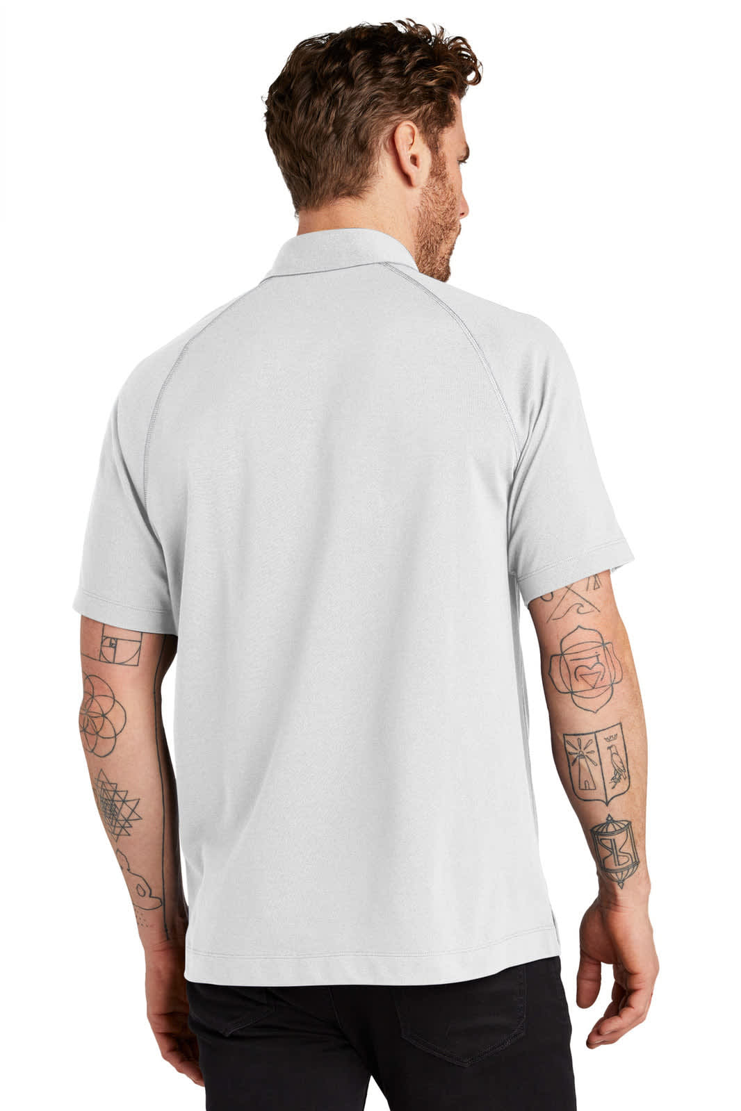 A grey polo shirt with a collar, featuring a logo, viewed from the back with a tattooed model.