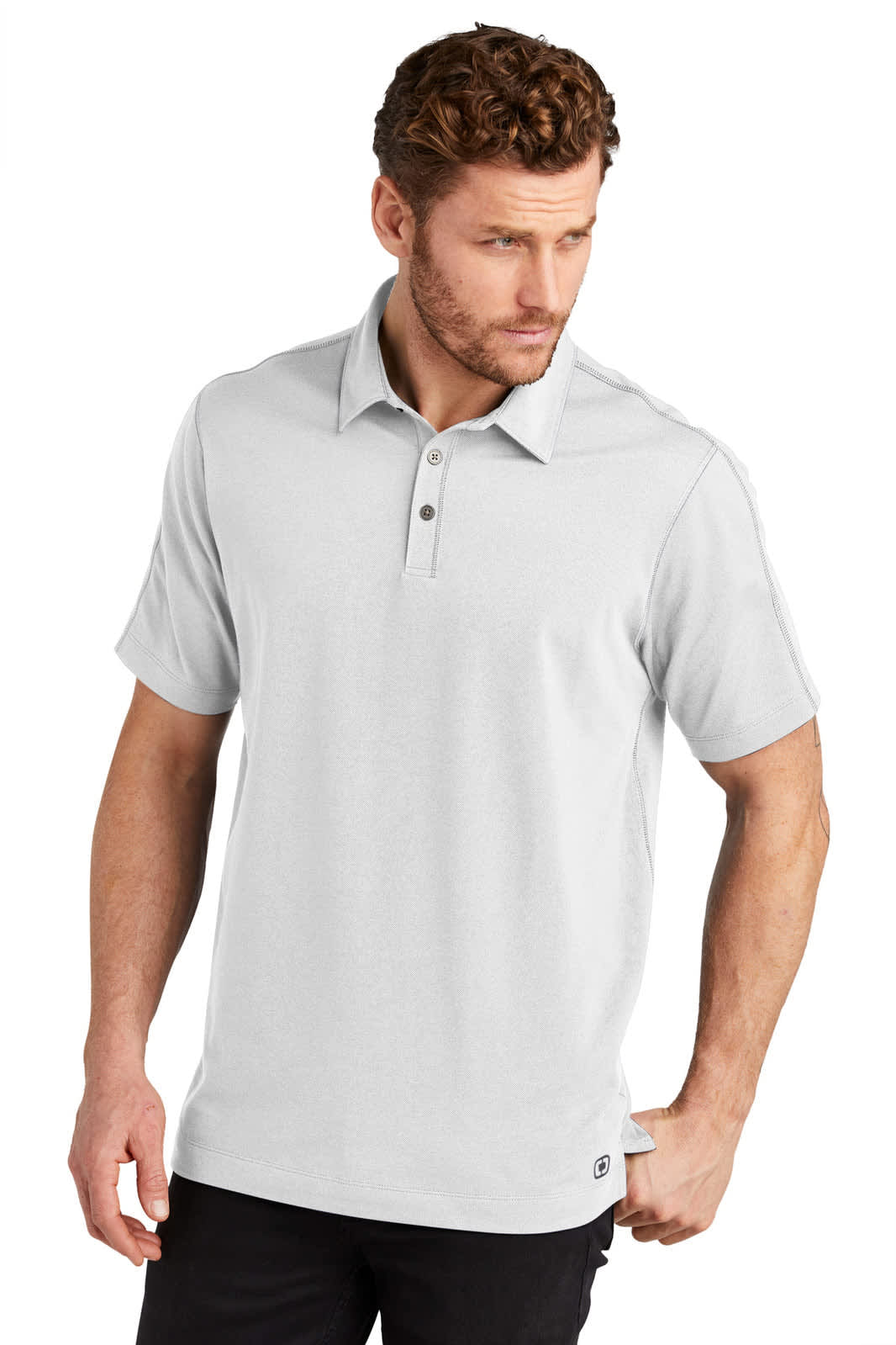 A light grey polo shirt featuring a collar, three buttons, and a logo on the hem. Casual and comfortable design.