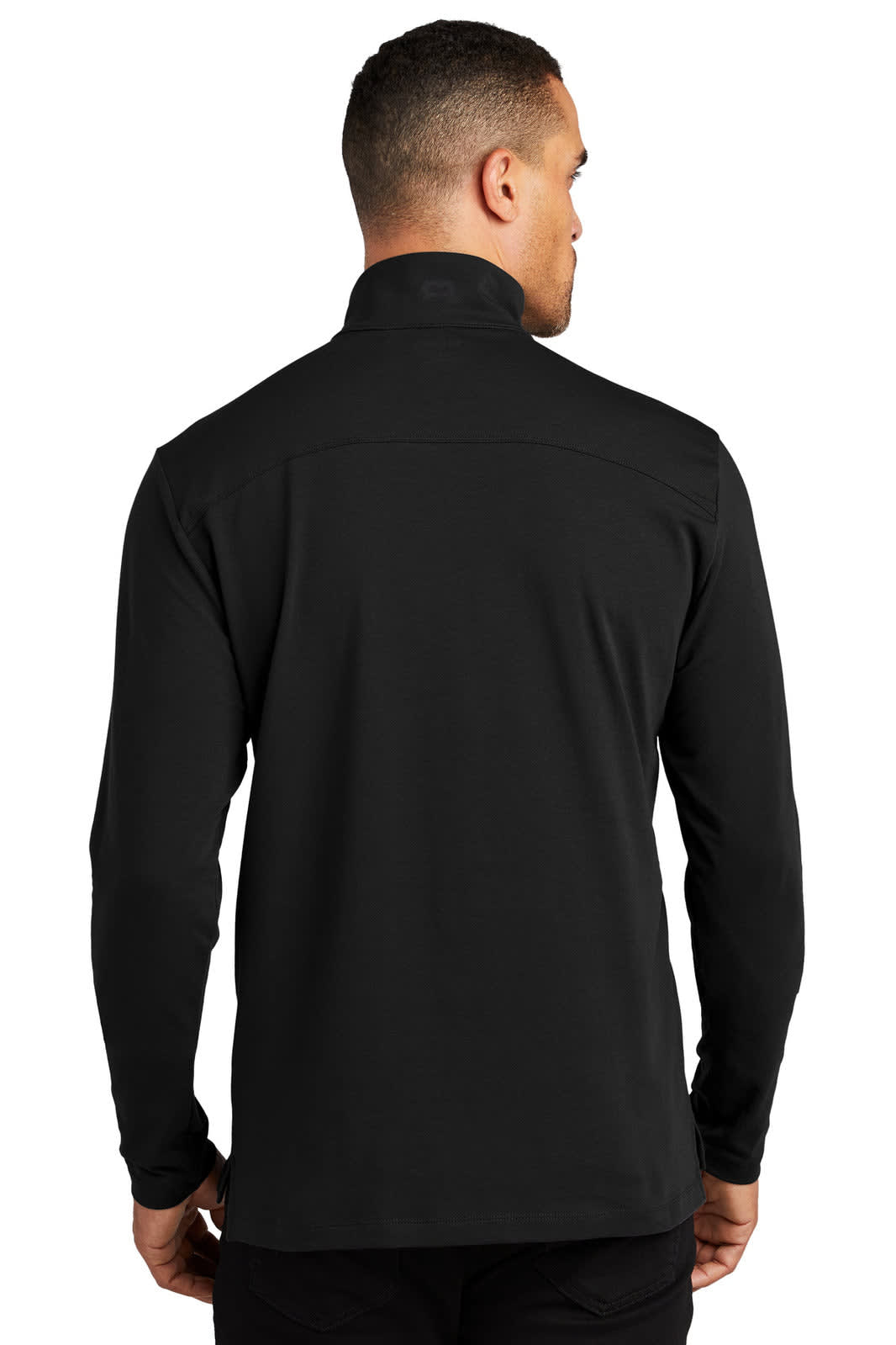 A black 1/4-zip jumper featuring a high collar and long sleeves, showing the back view. Includes a logo.