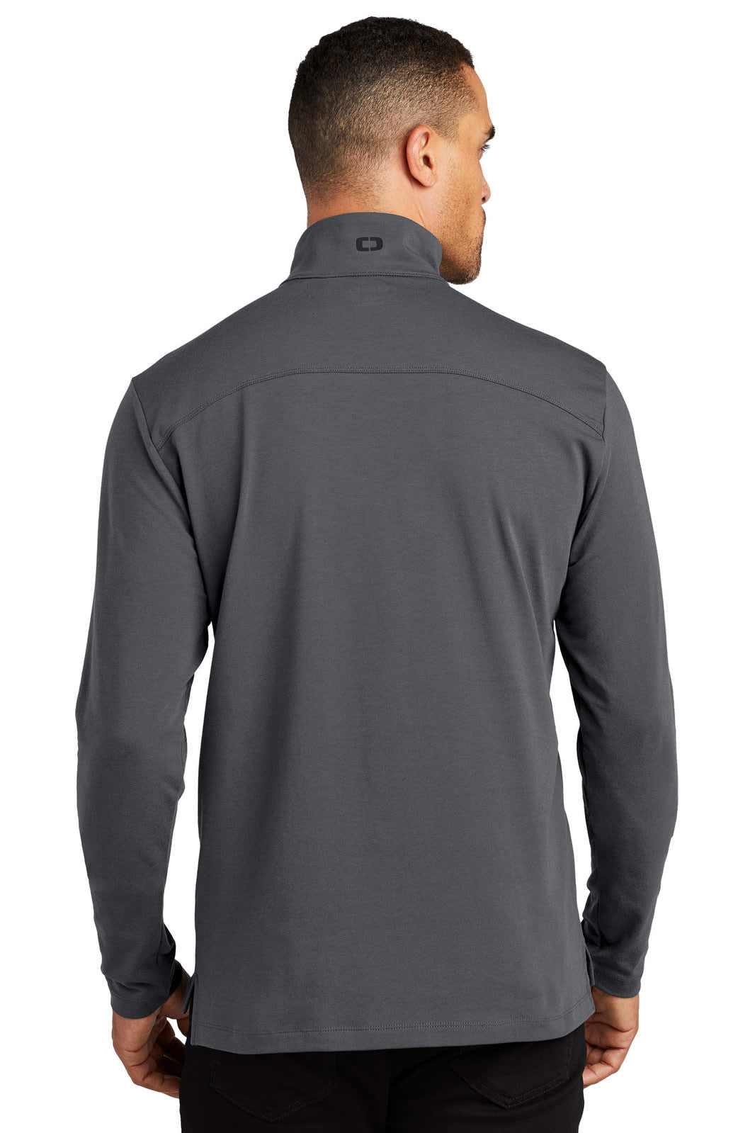 A grey OGIO Limit 1/4-Zip jumper with a high collar, displayed from the back. Features a logo on the fabric.