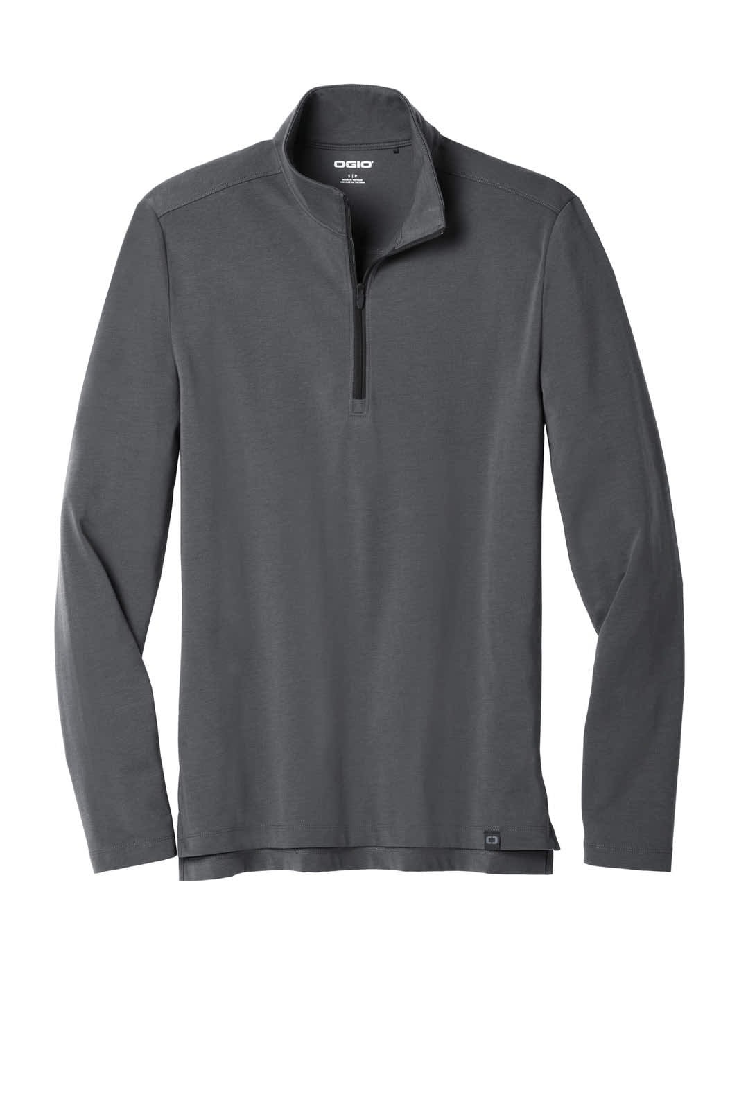 A grey OGIO 1/4-zip jumper featuring long sleeves and a simple design. It has a logo on the chest.