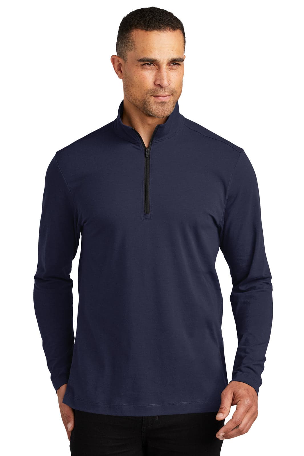 A navy blue 1/4-zip jumper featuring long sleeves and a minimalist design. It includes a small logo on the fabric.