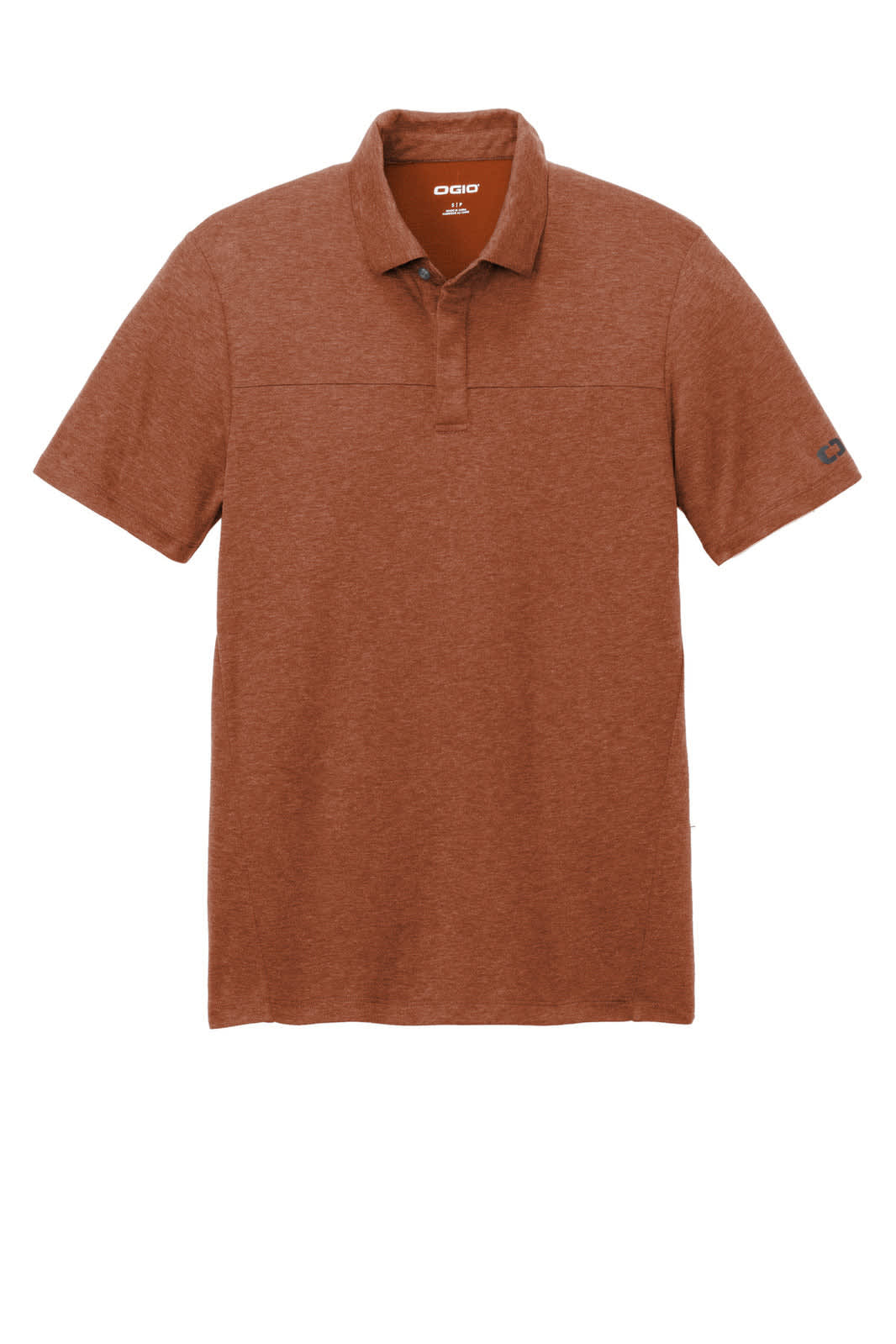 A short-sleeved, rust-coloured polo shirt featuring a branded logo on the sleeve.