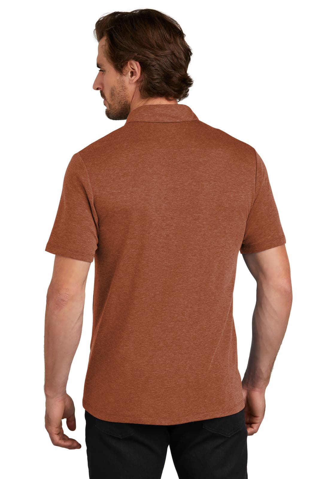 A man wearing a brown OGIO Command Polo shirt, viewed from the back. The shirt has a logo on it.