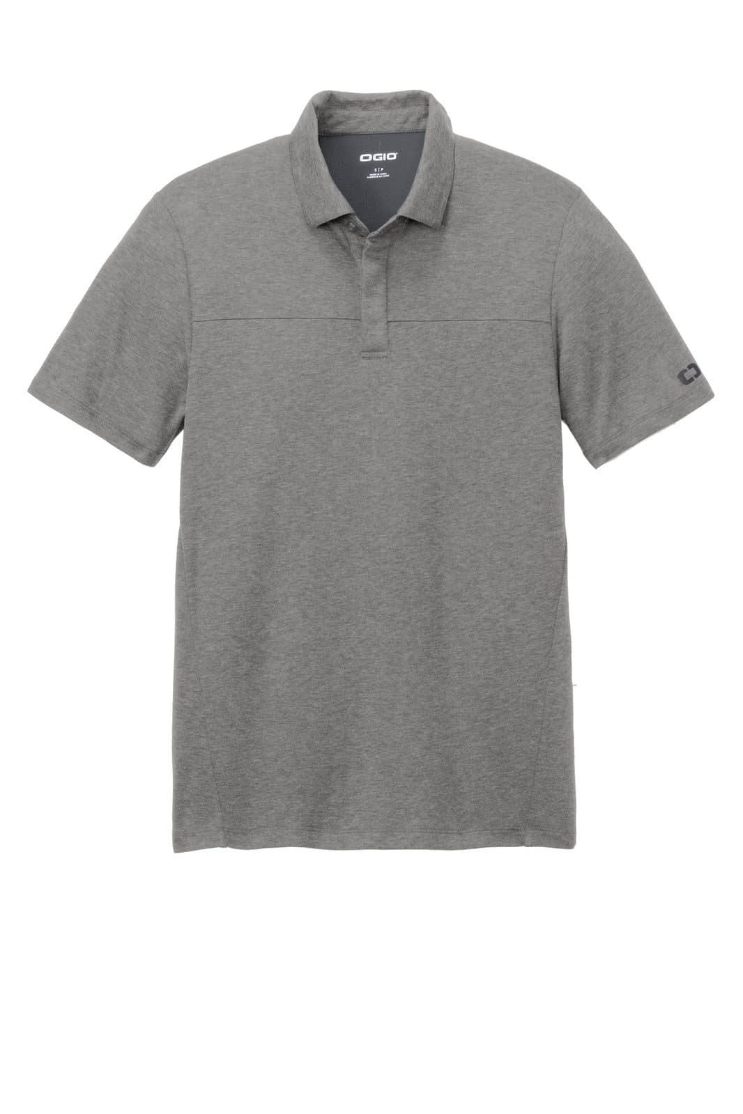 A grey polo shirt with a collared neckline, short sleeves, and a subtle logo on the sleeve.