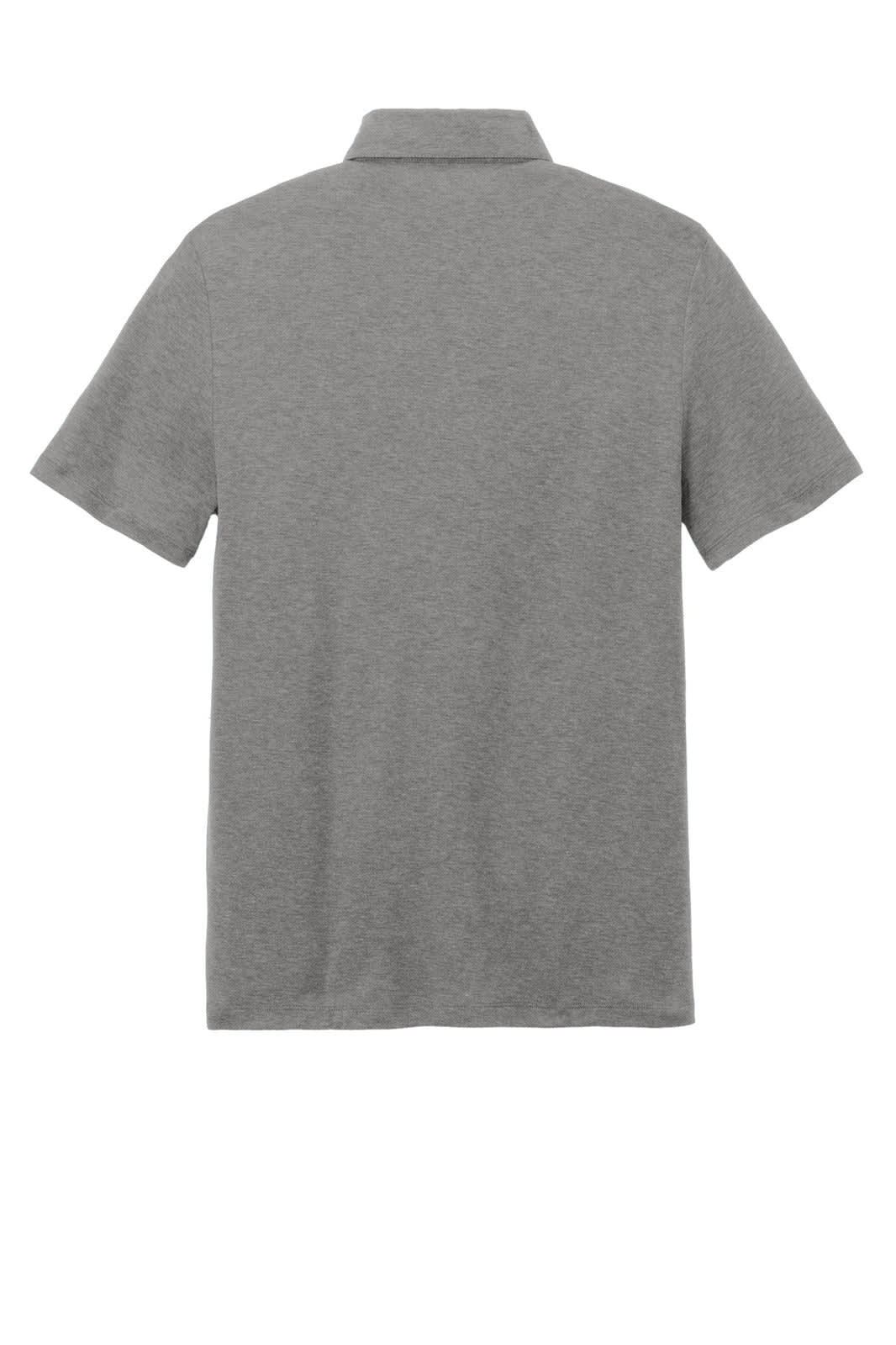 A grey polo shirt featuring a collar and short sleeves, with a branding logo on the back.