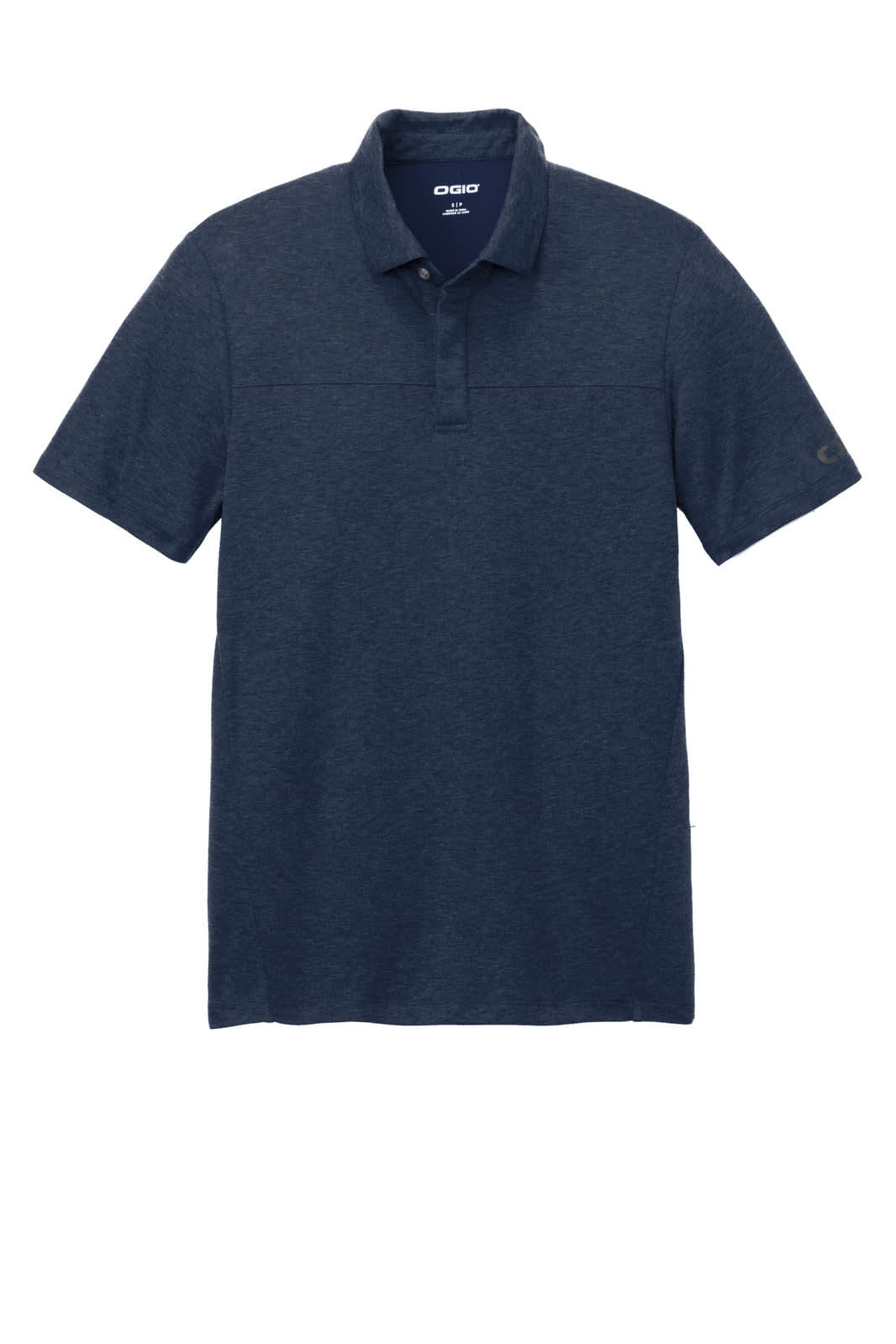 A navy blue polo shirt featuring a collar and short sleeves, with a logo on one sleeve.