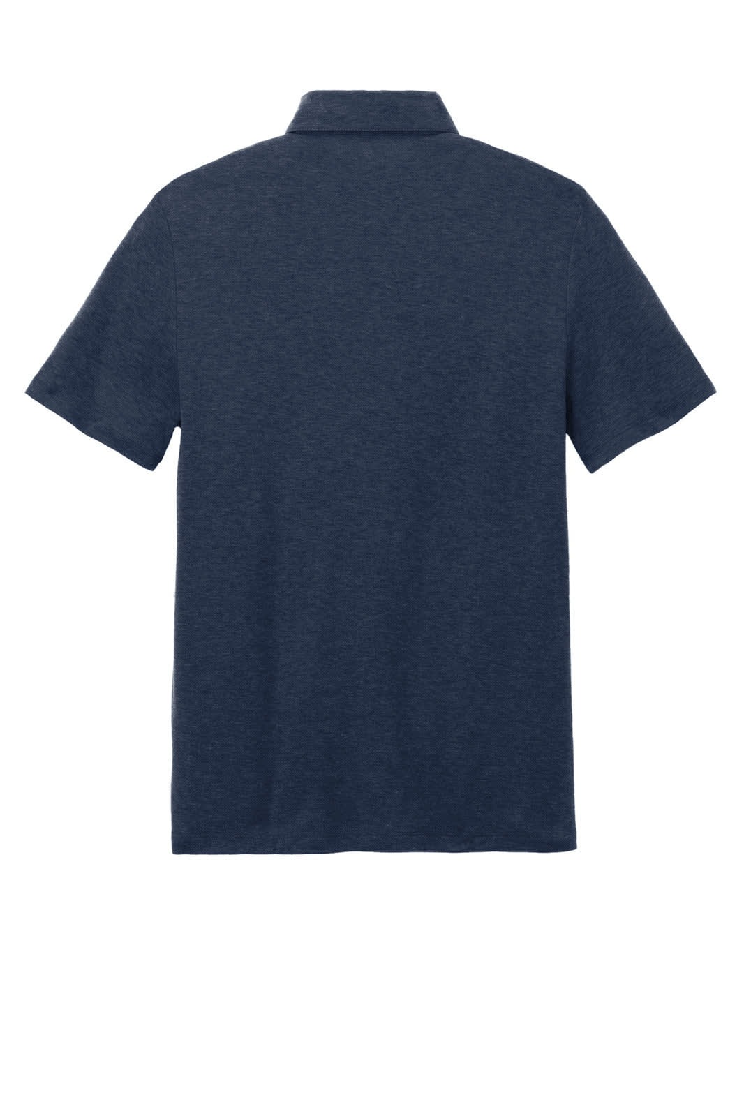 A navy blue polo shirt featuring a collar and short sleeves, with a logo on the back.