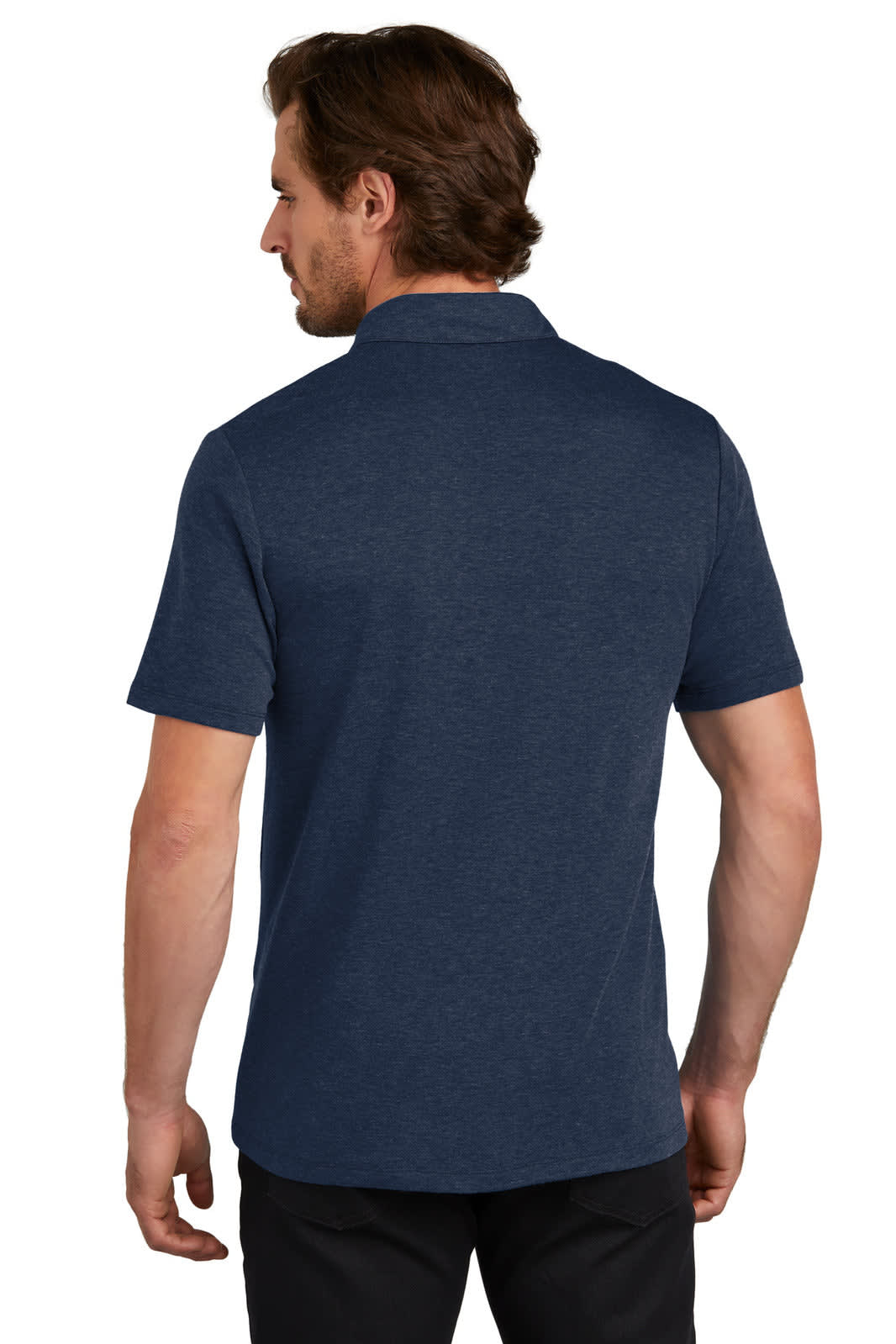 A navy blue OGIO Command Polo shirt displayed on a model from the back, featuring a subtle logo.