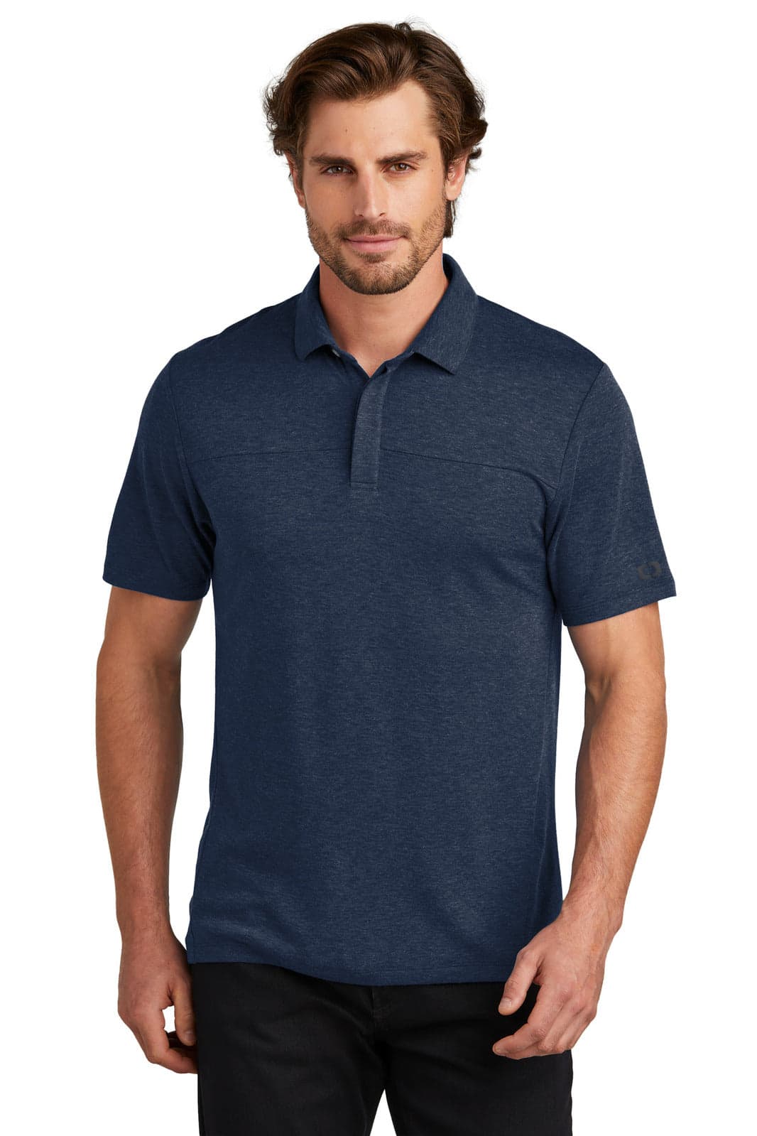A navy blue polo shirt featuring a collar and short sleeves, with a logo on the chest.