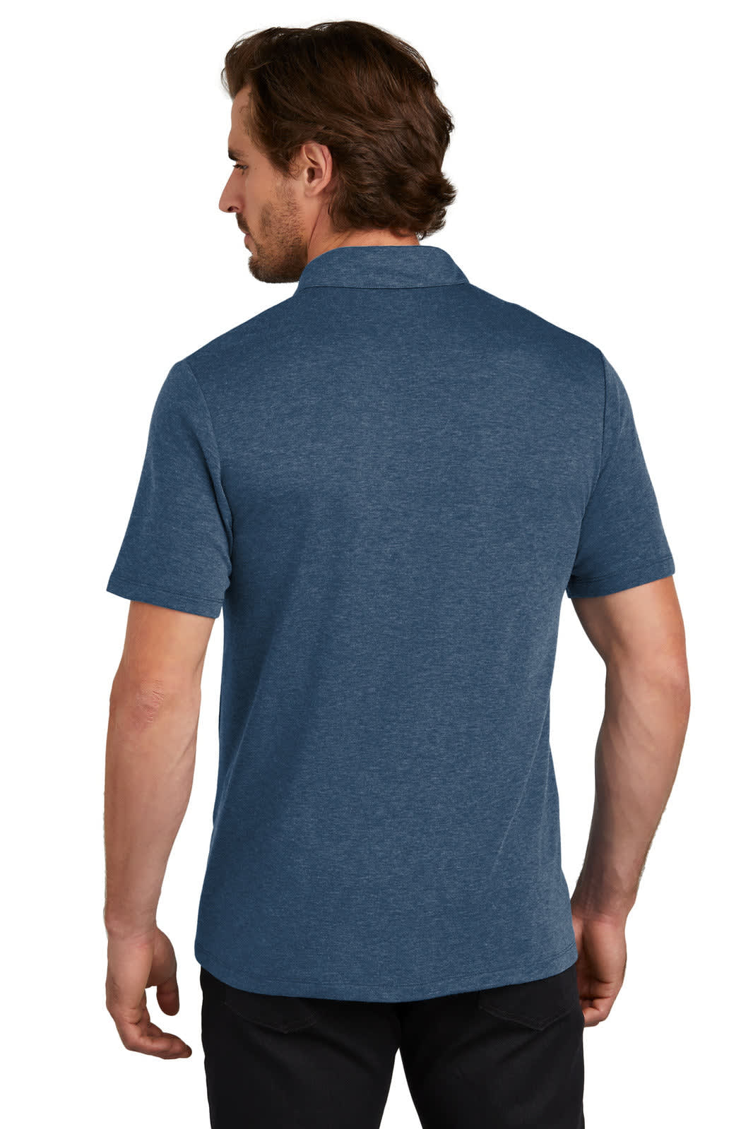 A man wearing a blue OGIO Command Polo shirt, viewed from the back. The shirt features a logo on the chest.