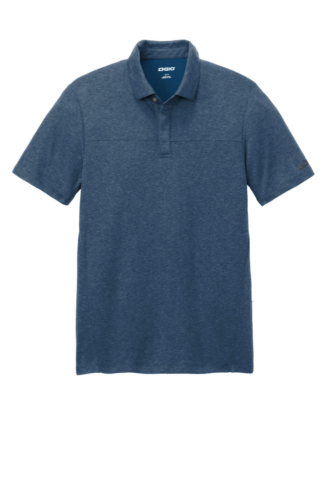 A blue OGIO Command Polo shirt with a classic collar and short sleeves, featuring a logo.