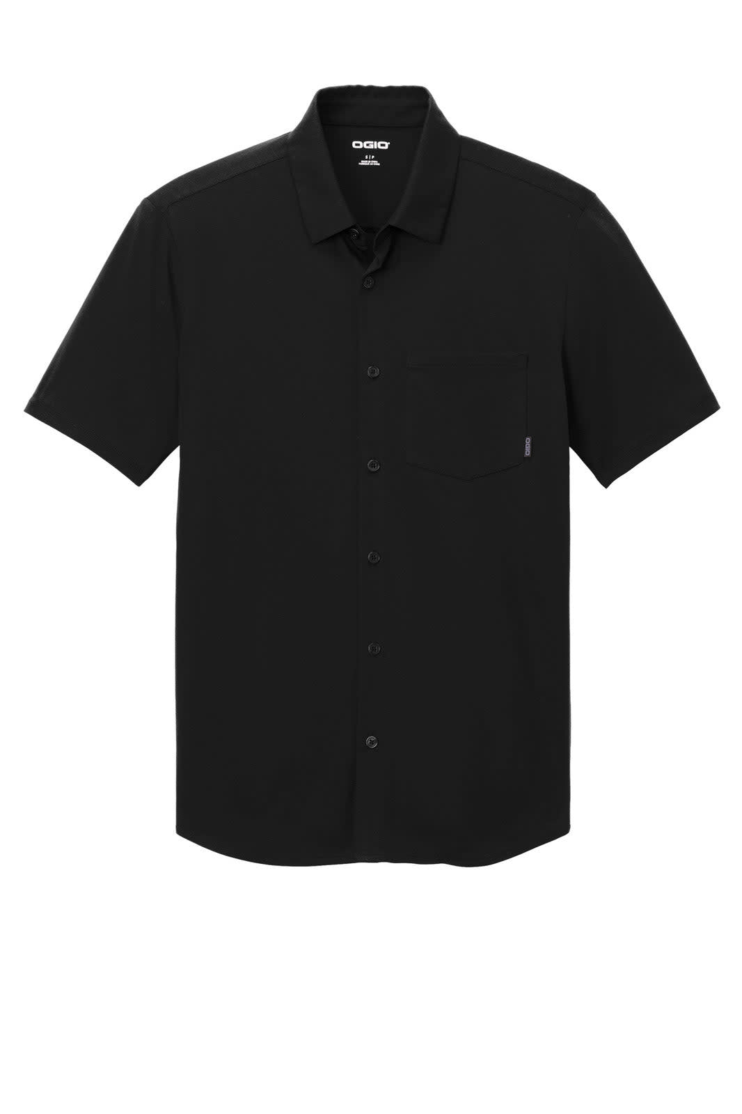 A black short sleeve button-up shirt featuring a chest pocket and a branded logo.