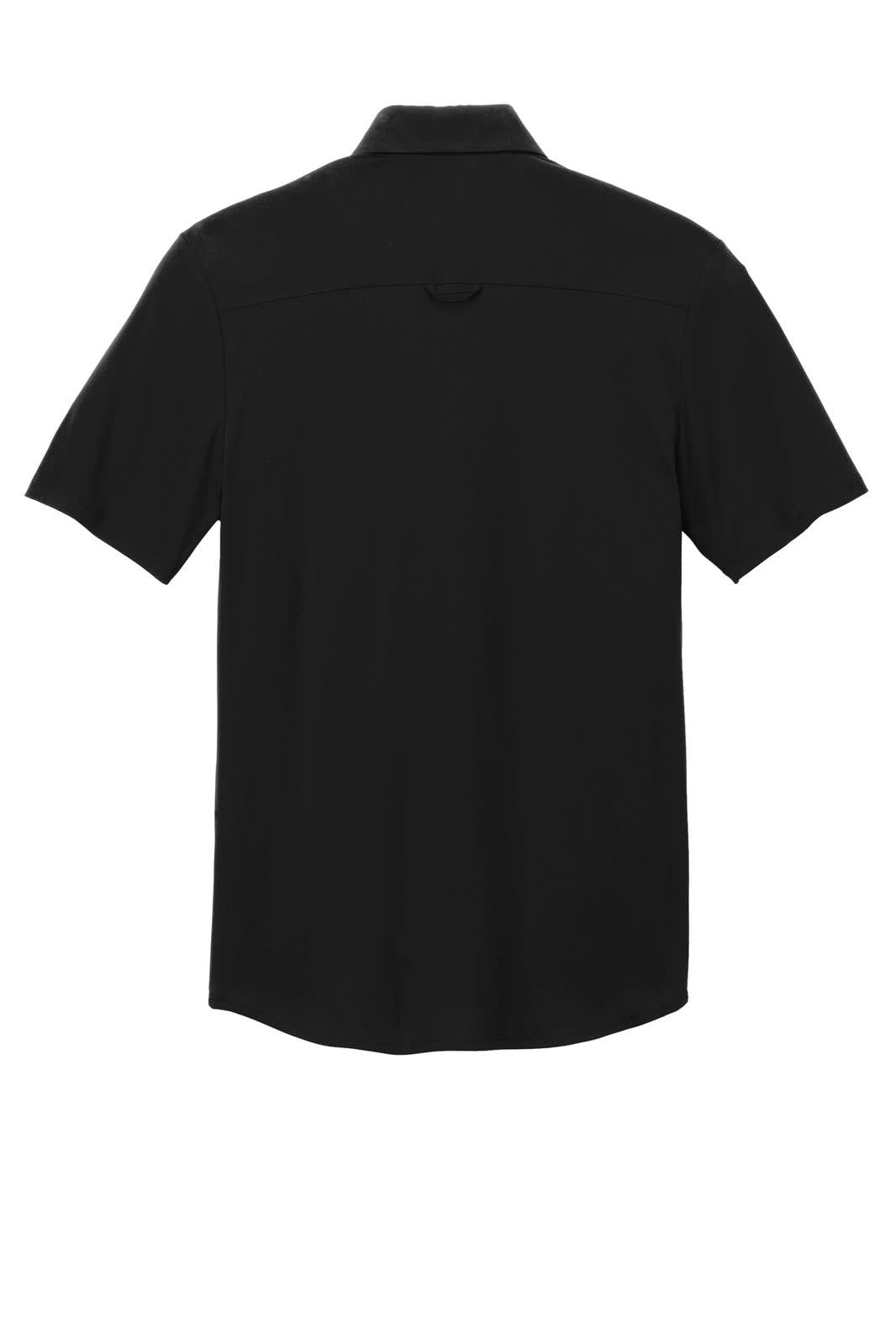 A short-sleeve black button-up shirt with a collar and a hanging loop at the back. It features a logo.