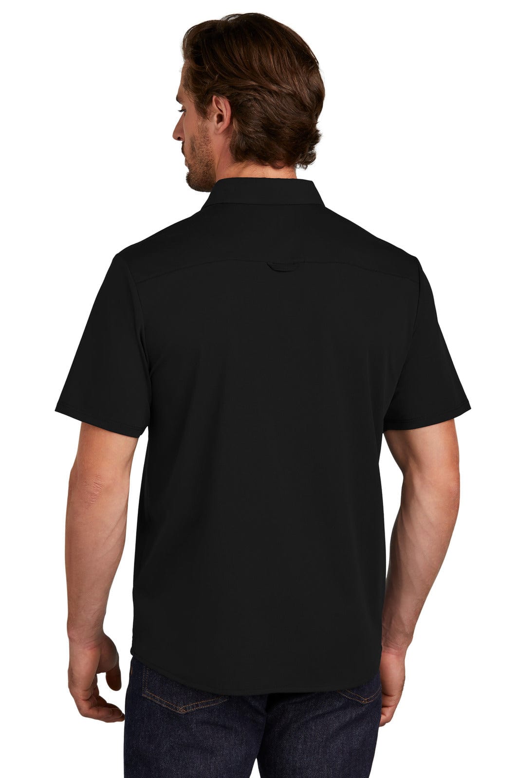A black short sleeve button-up shirt viewed from the back, featuring a collar and a logo on the upper back.