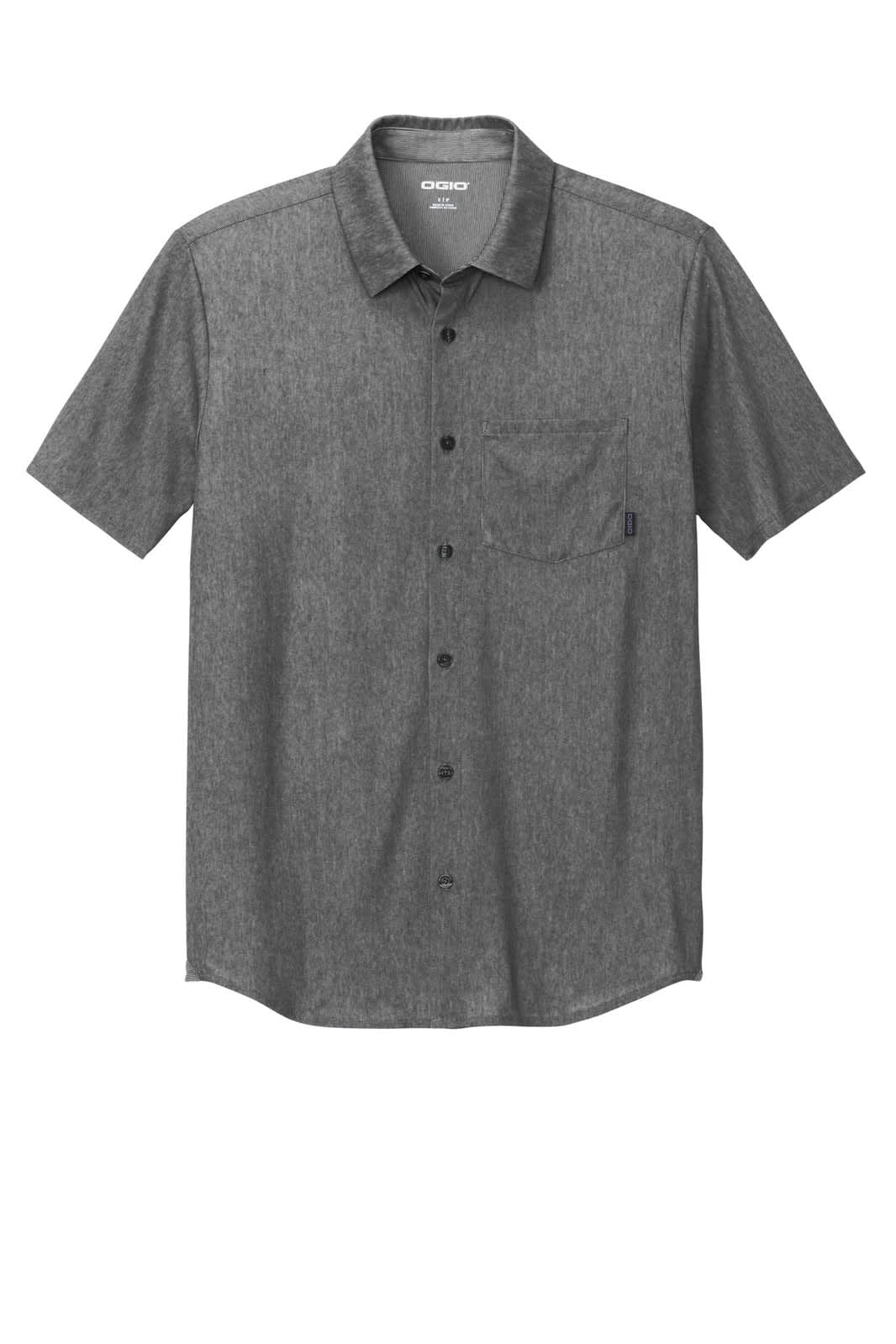 A short sleeve button-up shirt in grey with a single chest pocket and a logo.