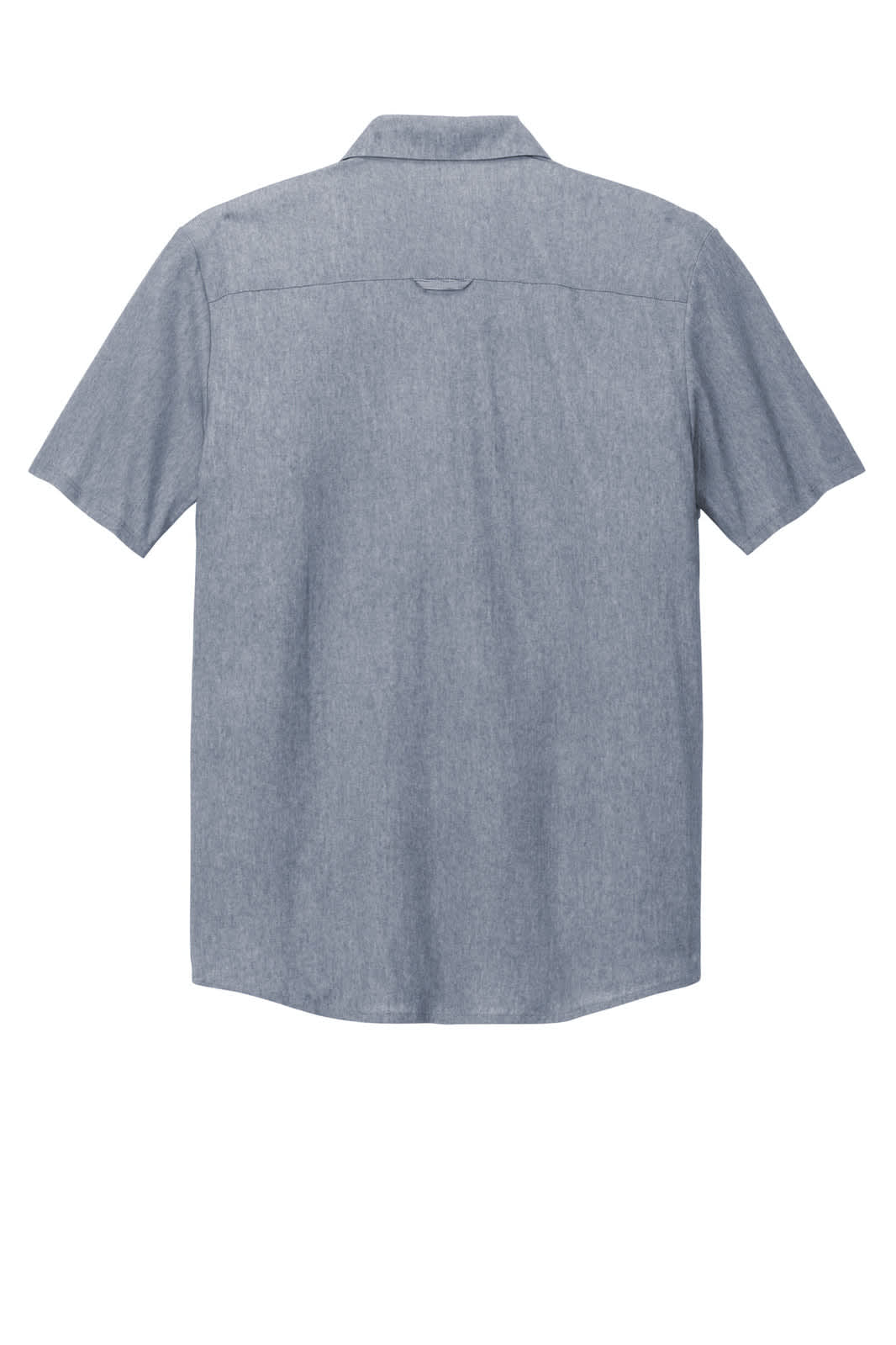 A short-sleeve button-up shirt in light blue with a back yoke and a logo.