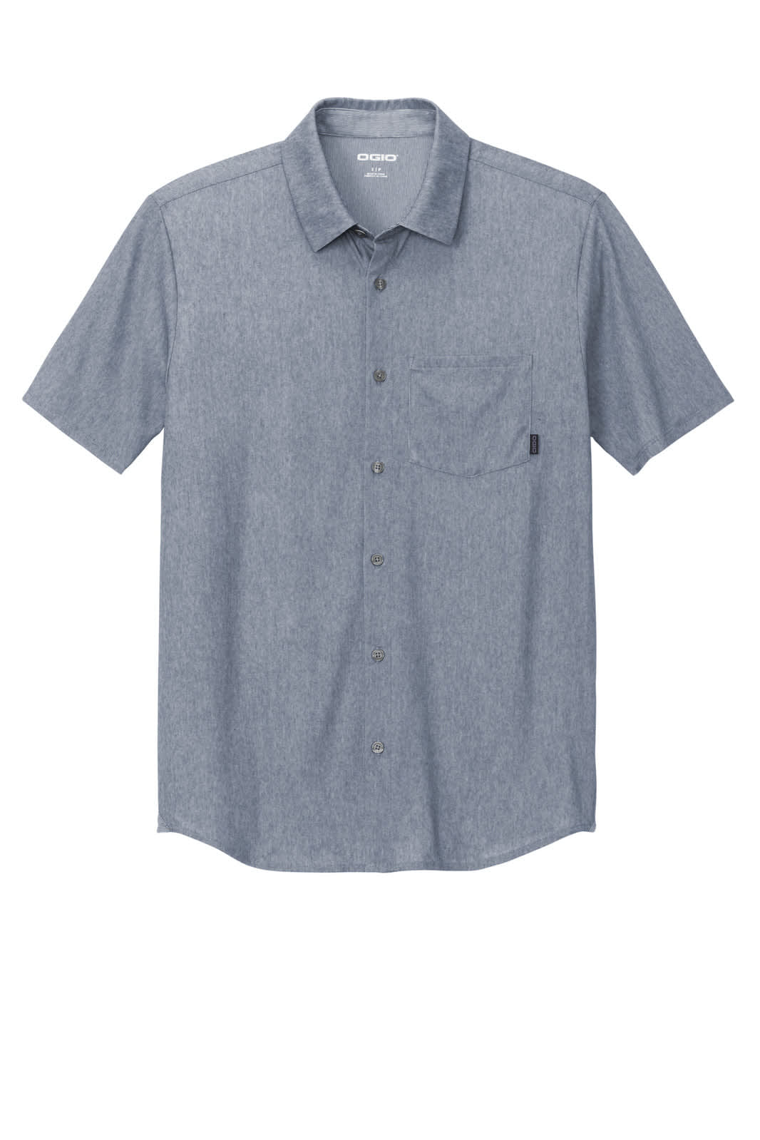 A short-sleeve button-up shirt in a blue-grey hue featuring a chest pocket and a logo.