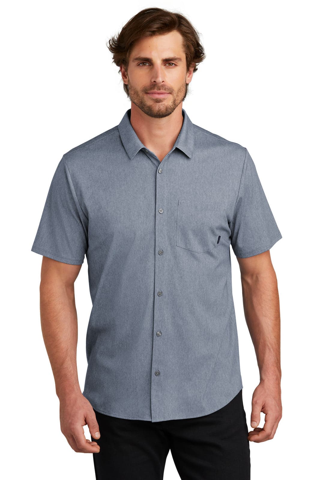 A short-sleeve button-up shirt in blue, featuring a collar and a pocket, displayed on a model.