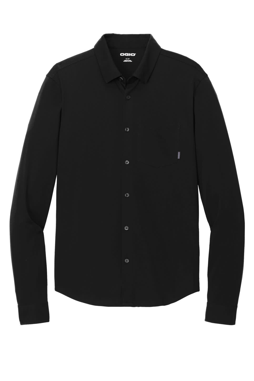 A black long sleeve button-up shirt with a collar and a small logo on the chest.