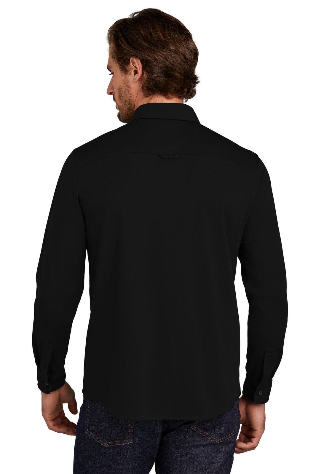 A black long sleeve button-up shirt with a collar, featuring a logo on the back.