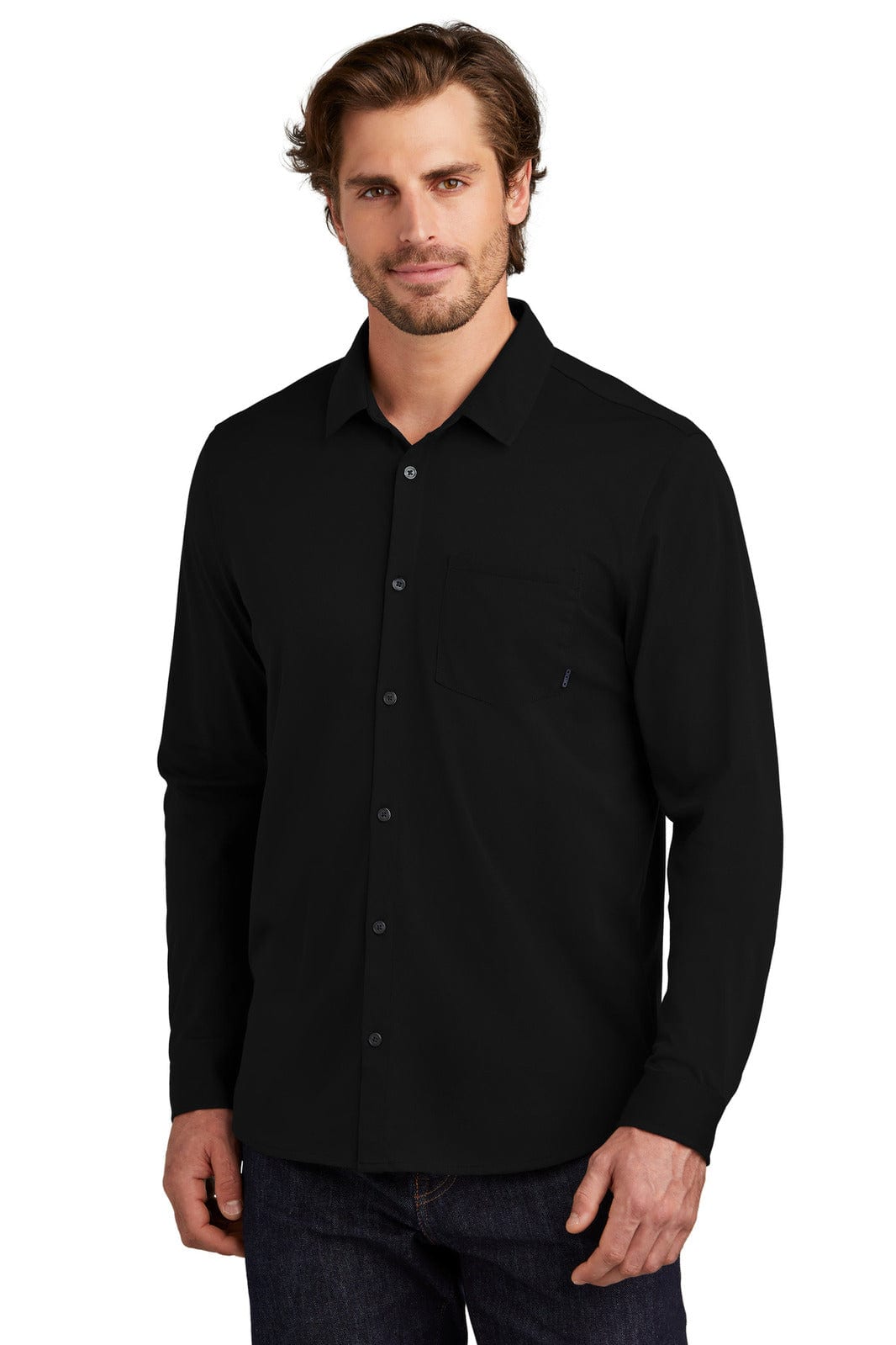 A black long sleeve button-up shirt featuring a collar, front buttons, and a chest pocket. The model wears it stylishly.