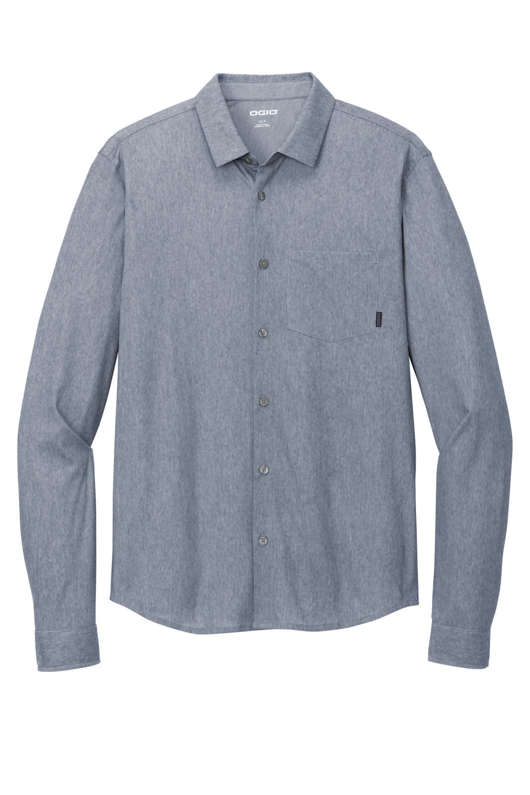 A blue long sleeve button-up shirt with a front pocket and a logo.