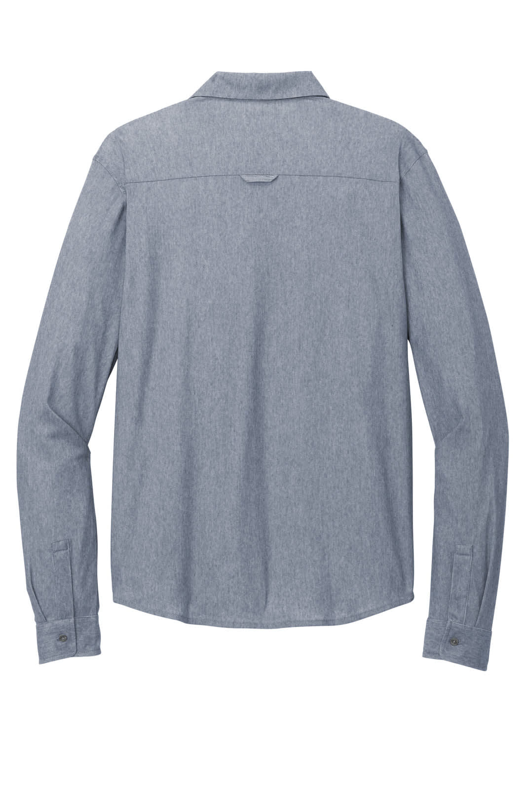 A blue long sleeve button-up shirt with a collar and a back yoke detail, featuring a logo.